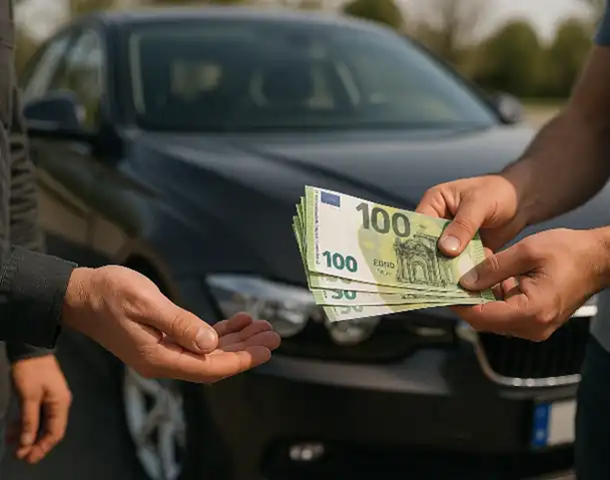 Ein Kunde erhält beim Autoankauf einen Bargeldbetrag für sein Fahrzeug.